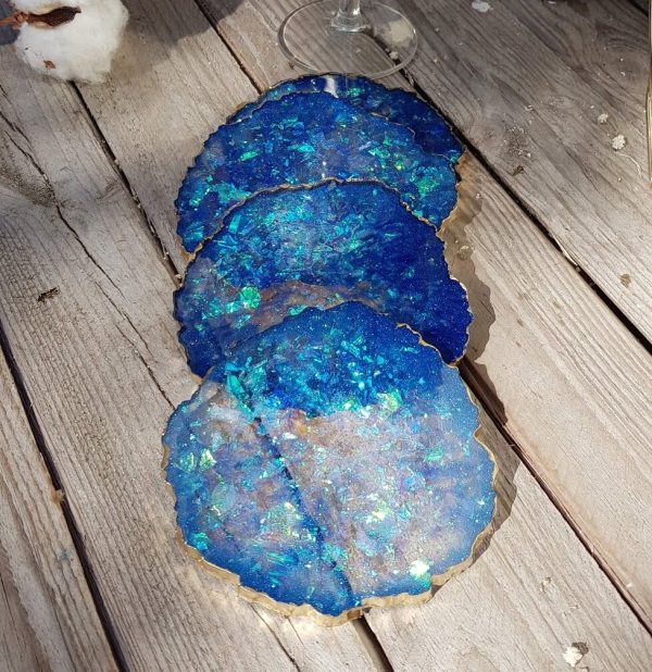 set of blue resin coasters