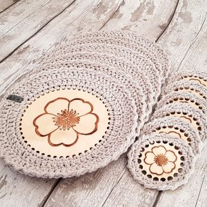 Set Of 12 Crotchet And Plywood Round Table Mats & Coasters