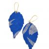 Leather leaf earrings blue patterned