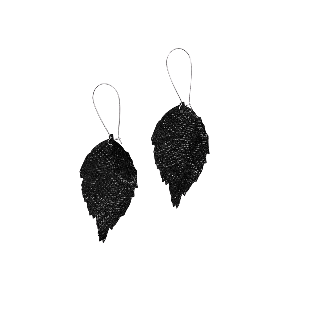 Black Leather Leaf Earrings