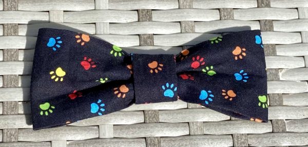 Dog Bow Tie Colourful Paw Prints on Black