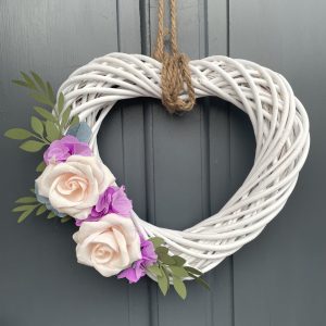 Wooden Heart Wreath With Pink Crepe Paper Roses and Hydrangea