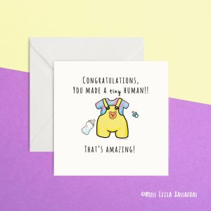 baby greeting card imag of yellow baby dungarees and congratulations you made a tiny human on it.