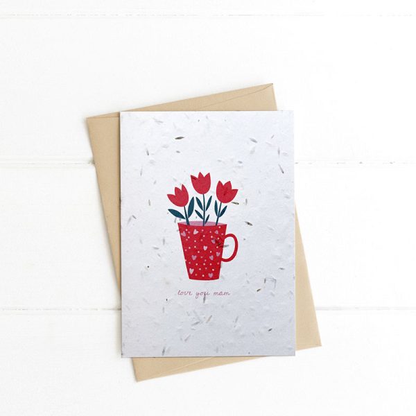 Cup of Red Flowers Mothers Day Card with Plantable Seed Paper