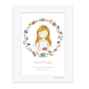Personalised Communion Girl Print - Floral Wreath