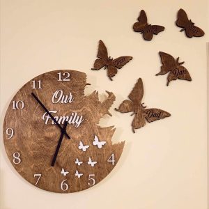Personalised Wooden Wall Clock Flying Butterflies